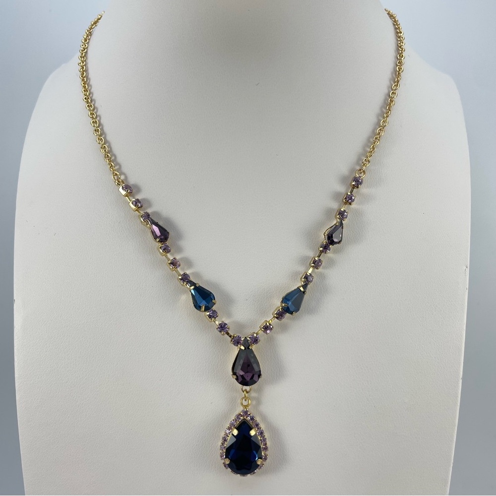 Stunning Gold Tone Purple & Blue Crystal Teardrop Statement Necklace